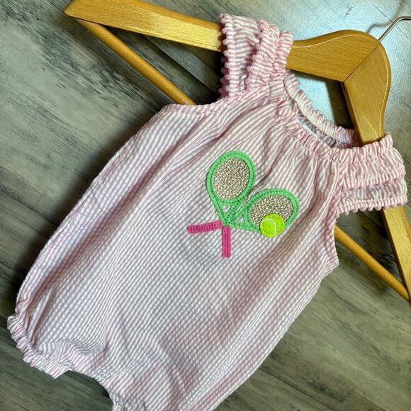 Mud Pie Pink & White Striped Seersucker Ruffle Romper w/ Tennis Racquets & Ball - Picture 3 of 11